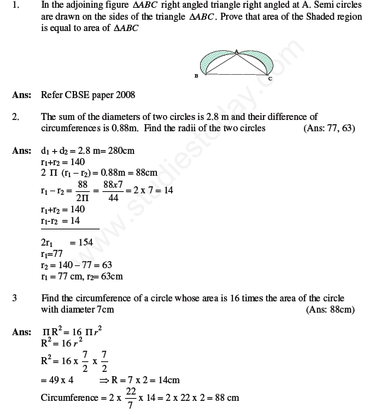 Cbse Class 10 Mathematics Area Relates To Circles Assignment Set D 4566